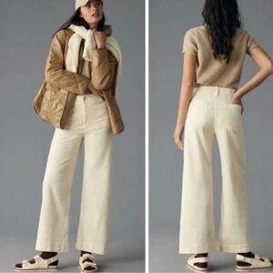 Maeve Colette Wide-Leg Cotton Pants in Cream